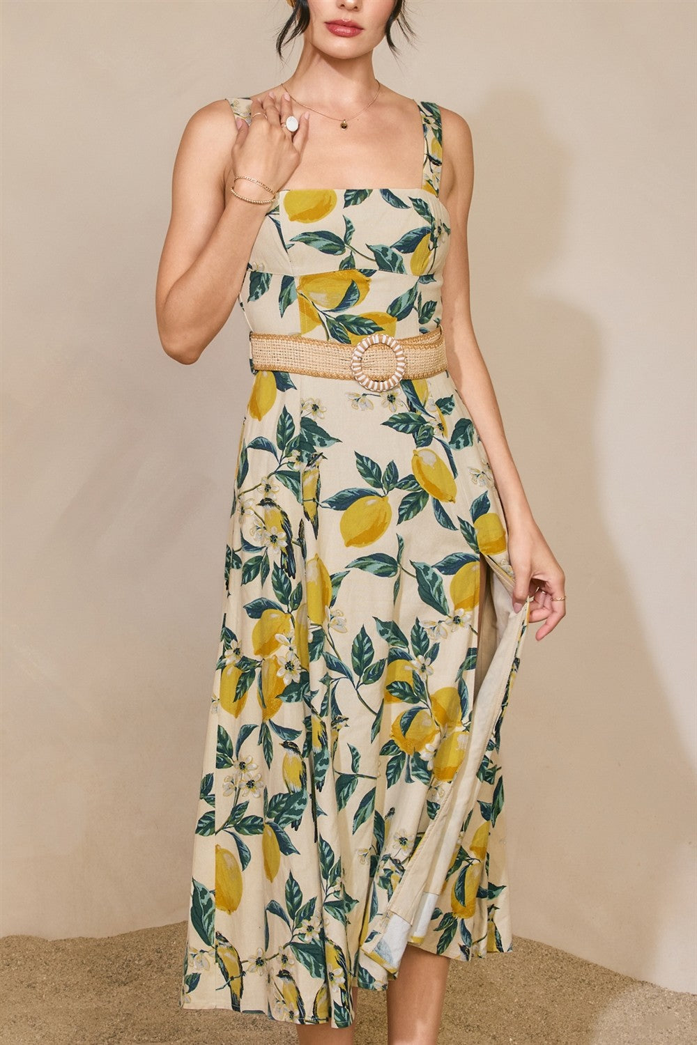 Vintage lemon print midi dress with rattan belt