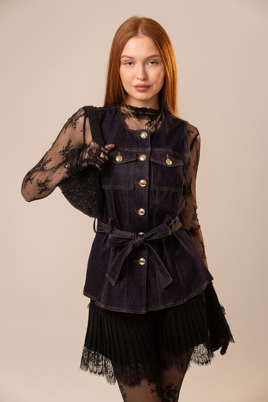 Women’s stretch twill denim vest with belted waist