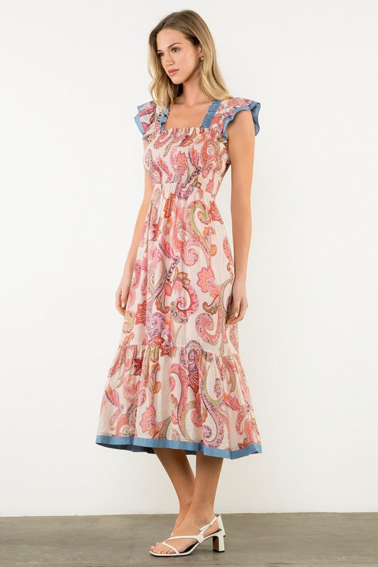 Smocked Flutter Sleeve Paisley Print Maxi Dress