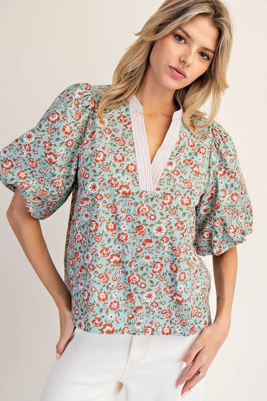 Harper Floral Stripe Trim Puff Sleeve Blouse
