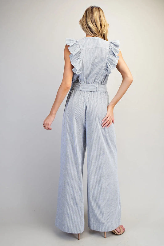 Striped ruffle shoulder jumpsuit with tie waist and wide leg