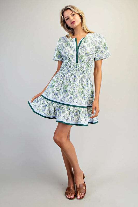 Floral printed mini dress with smocked waist