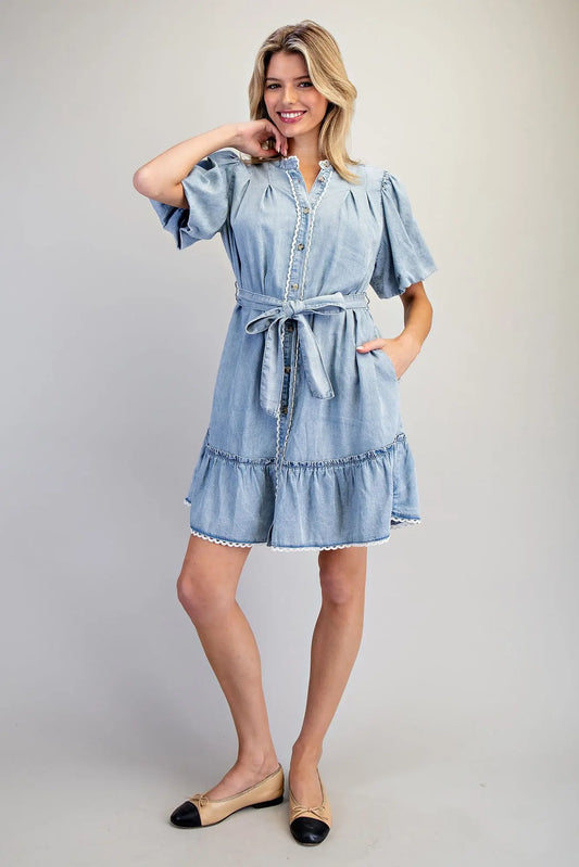 Vintage inspired denim dress with button front and tiered skirt