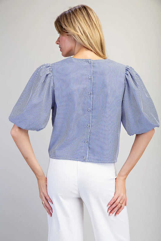 Women’s striped puff sleeve top with button back closure
