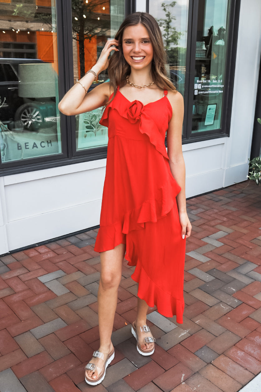 Ruffle Rosette Dress - Red