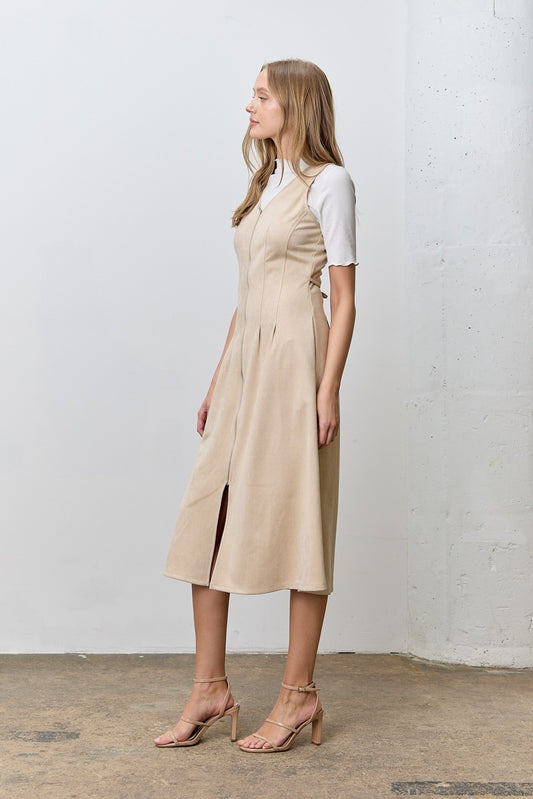 Sleeveless faux suede zip-front midi dress with pockets.