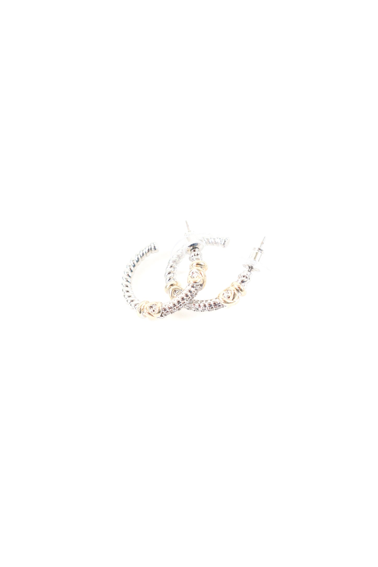 Mixed metal hoop earrings with gold bead accents and crystal detailing