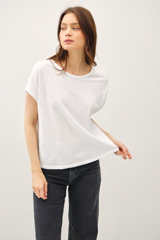 A boxy-fit cap sleeve tee with raw seams and a modern, relaxed silhouette.