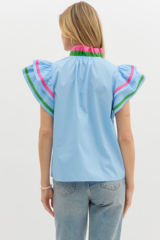 A charming flutter sleeve top with multicolor ruffle accents that add a playful, polished touch.