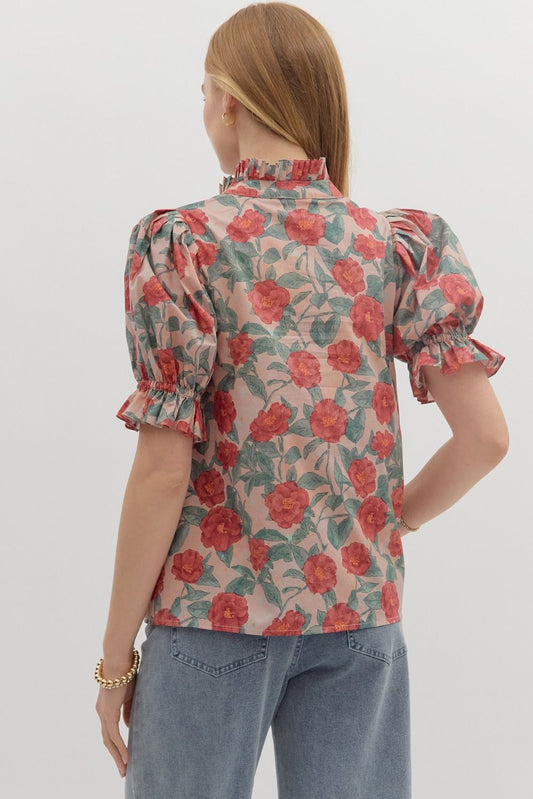 A floral puff sleeve pullover top with a pleated ruffle V-neck and band collar.