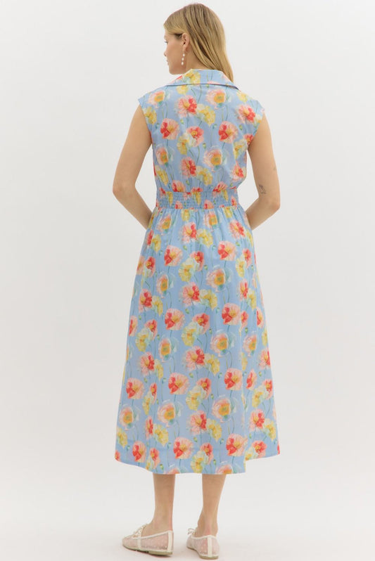 A sleeveless floral midi dress with a knotted front detail and smocked back for all-day comfort.