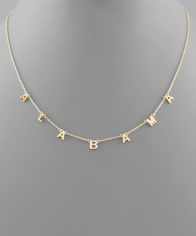 Alabama State Letter Necklace in Gold featuring individual letter charms spelling "ALABAMA"