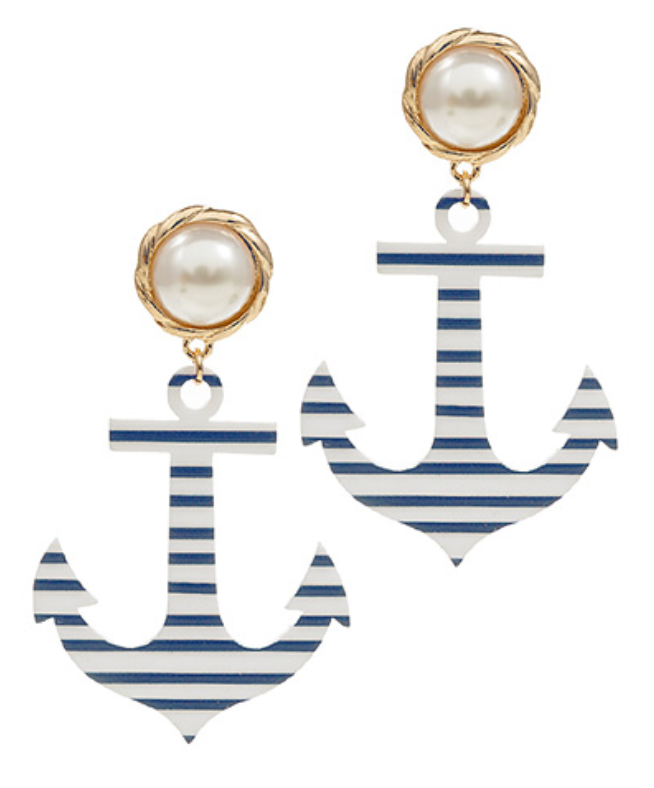 Blue and white striped anchor earrings with a pearl