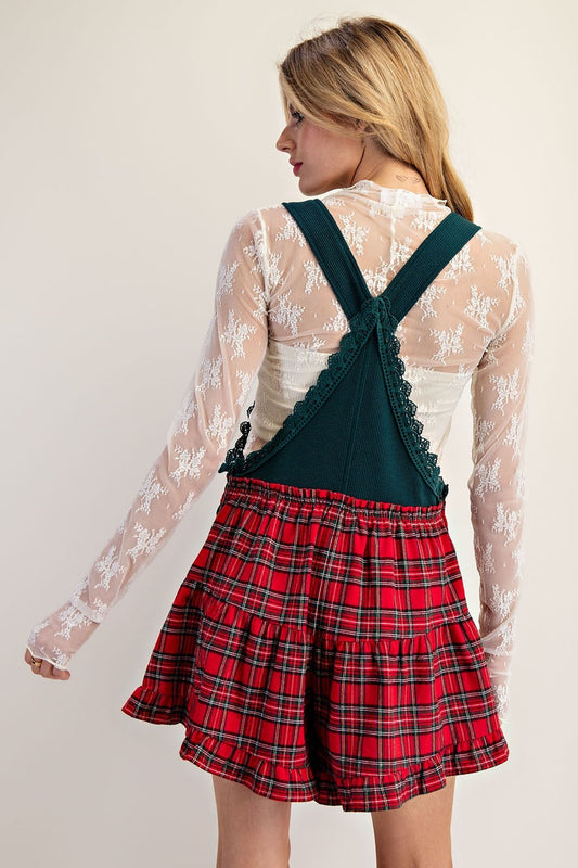 Sybil Plaid Lace Trim Romper