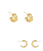 Set of two pairs of gold-plated mini hoop earrings with a bamboo-inspired texture, designed for effortless layering and styling.