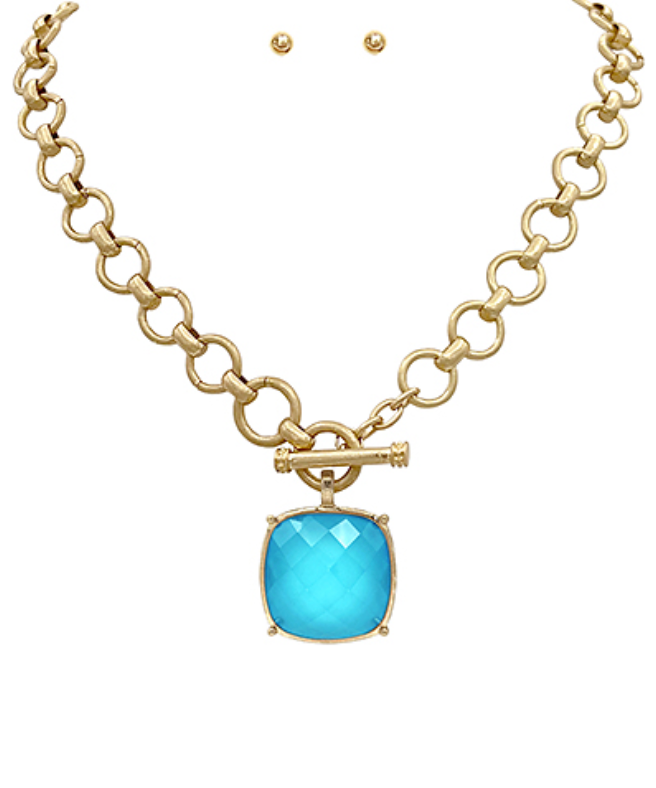 toggle necklace with a cushion-cut gemstone pendant, available in multiple colors.