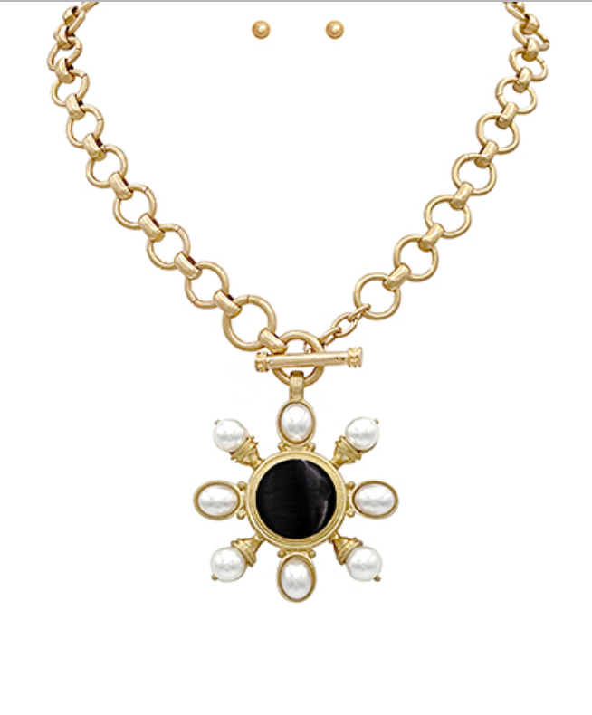 Black Onyx and faux pearl statement necklace with gold chain