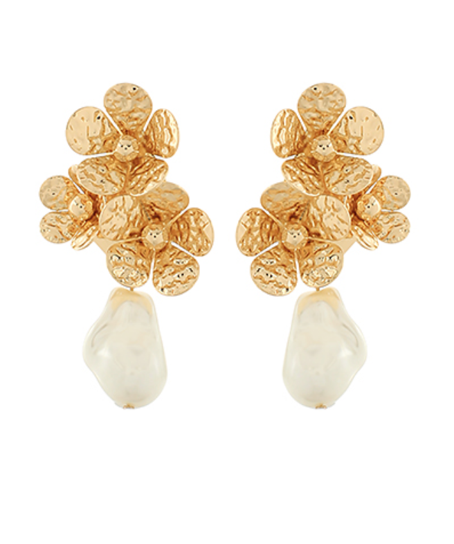 Bloom Pearl Drop Earrings with Textured Bronze Flowers and Baroque Pearls