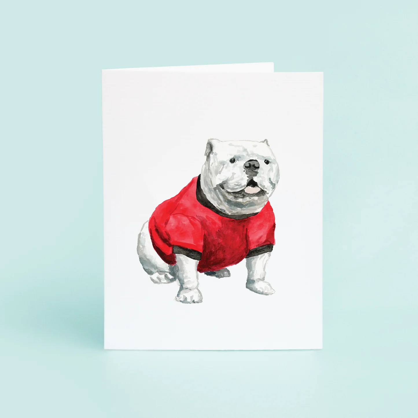 Bulldog enclosure card featuring a watercolor illustration of a bulldog wearing a red sweater, printed on high-quality cardstock.