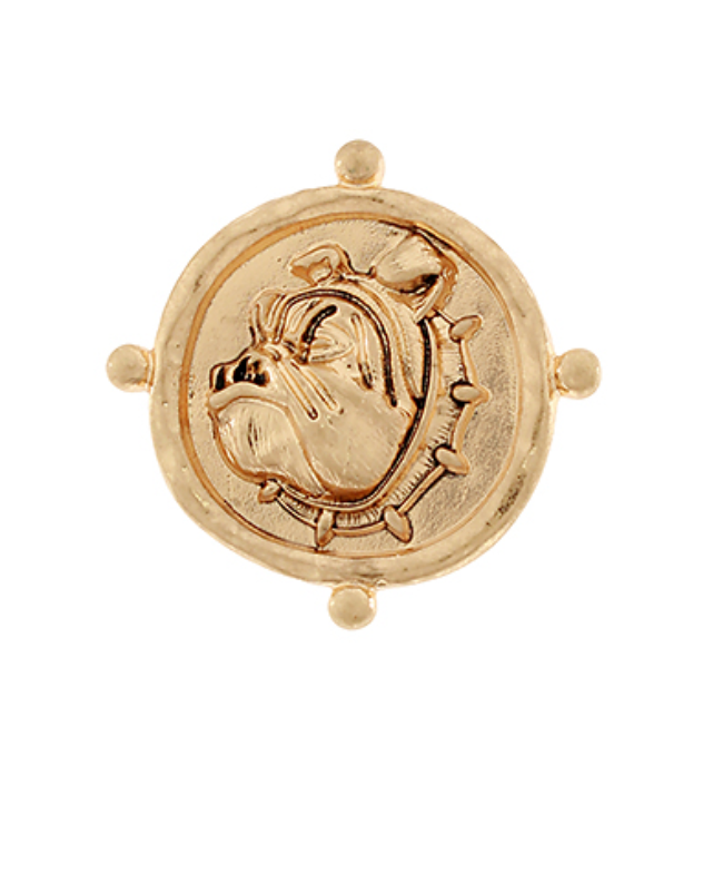 A beautifully crafted antique gold-tone bulldog brooch, featuring a detailed and elegant design that captures the strength and charm of the beloved breed.