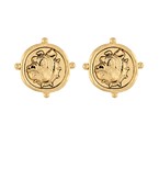 Gold coin stud earrings featuring an embossed bulldog design, inspired by vintage coin jewelry.