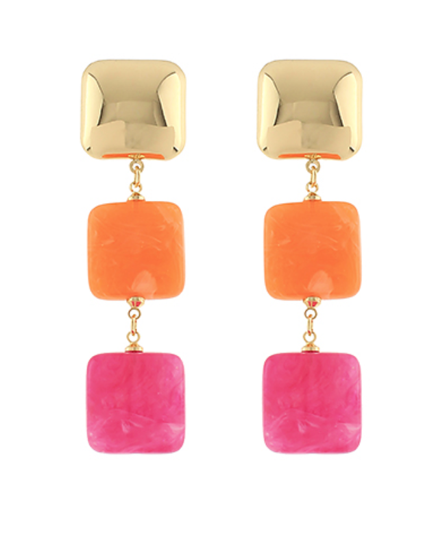 Pair of vibrant drop earrings featuring a gold-toned square stud, a translucent bright orange rectangular link, and a bold pink marbled rectangular link.