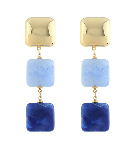 Pair of elegant drop earrings featuring a gold-toned square stud, a translucent light blue rectangular link, and a deep blue marbled rectangular link.