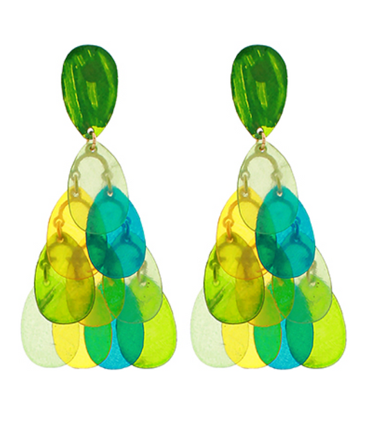 Cascade Petal Dangle Earrings in vibrant green, yellow, and blue translucent acrylic, featuring multiple overlapping oval "petals" suspended from a teardrop stud.