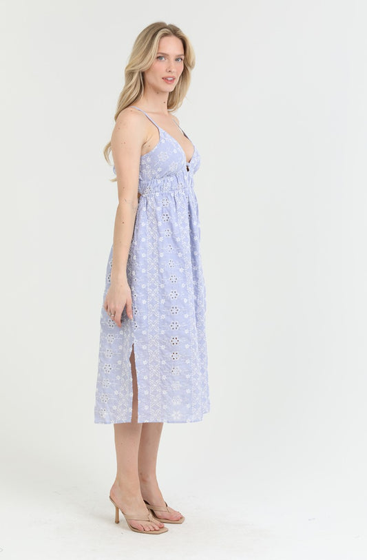 light blue eyelet midi dress with a deep V-neck and tie-back detail