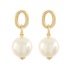 Gold-plated oval stud earrings featuring a luminous faux pearl drop, designed for a sophisticated and modern statement