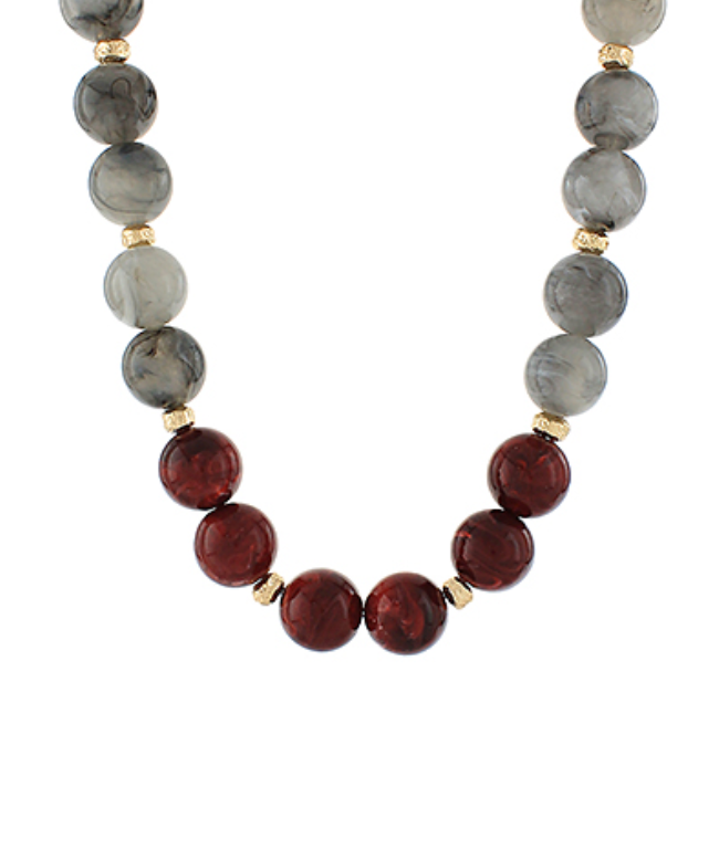 Celestial Harmony Necklace featuring rich garnet and smoky gray agate gemstone beads accented with gold spacers.