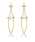 Gold-plated elongated arc earrings featuring a floating pearl accent, designed for a sculptural and elegant statement look
