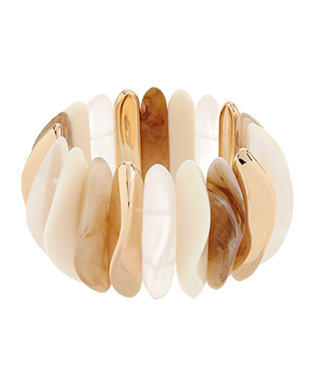 Coastal Tides Stretch Bracelet in Neutral Swirl, featuring irregular shaped beads in shades of cream, beige, and gold, with a high-shine gold bead accent.