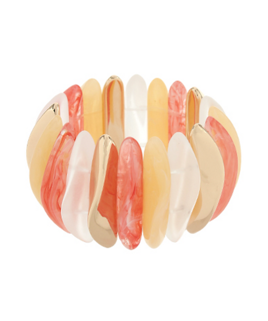 Coastal Tides Stretch Bracelet in Sunset Swirl, featuring irregular shaped beads in shades of pink, orange, and white, with a high-shine gold bead accent.