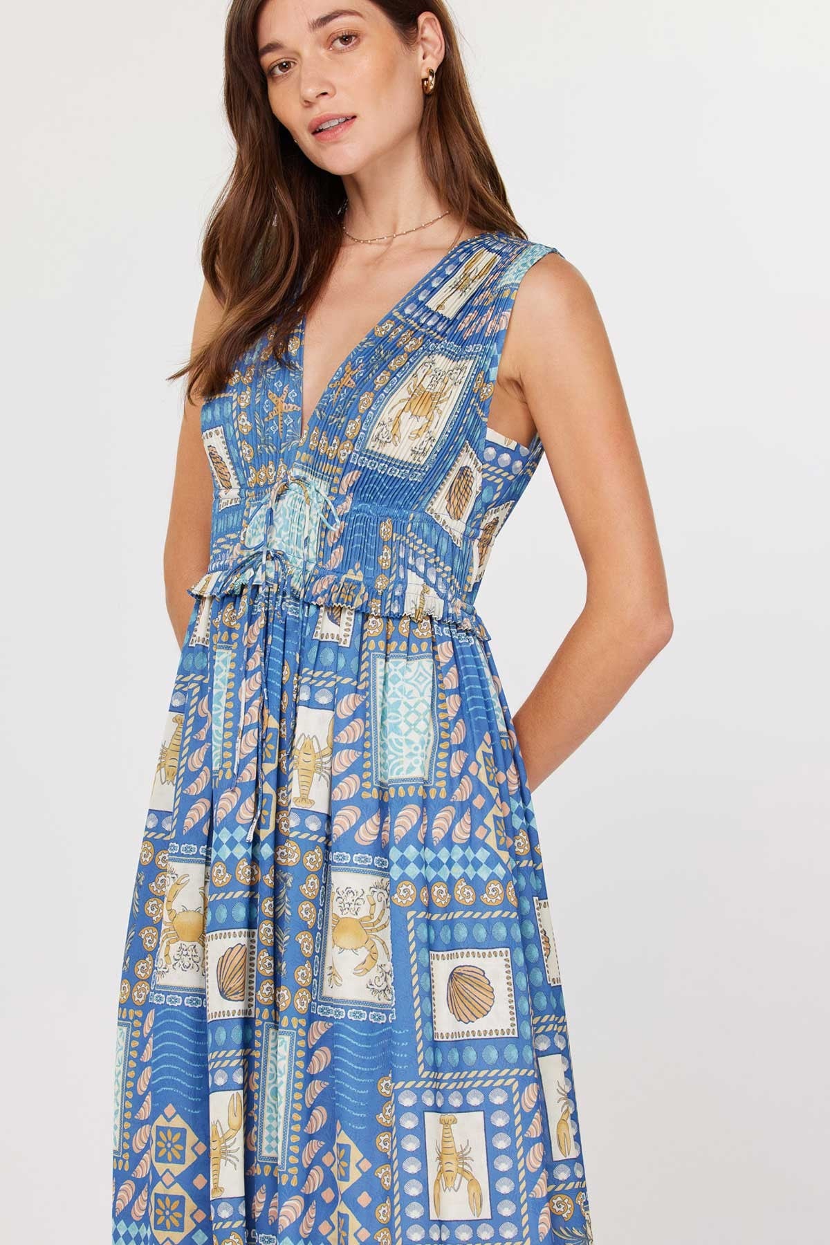 Coastal Tile Print Pleated Midi Dress