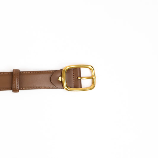leather belt with a gold square buckle, perfect for casual and dressy outfits. Durable, stylish, and adjustable for a custom fit.