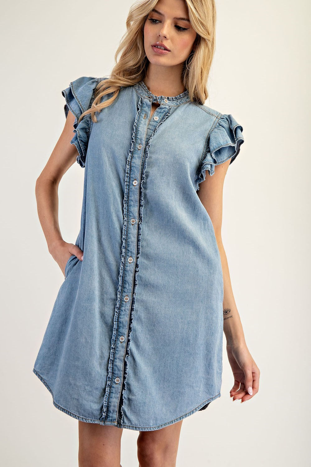 Button Down Ruffle Sleeve Mini Dress