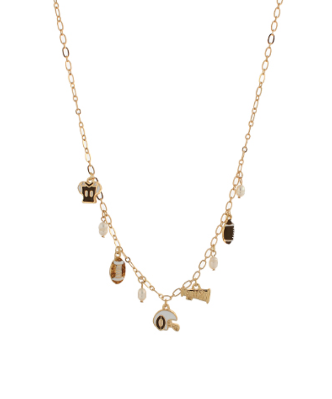 Dainty Football Dreams Charm Necklace featuring delicate gold football-themed and pearl charms on a fine link chain.