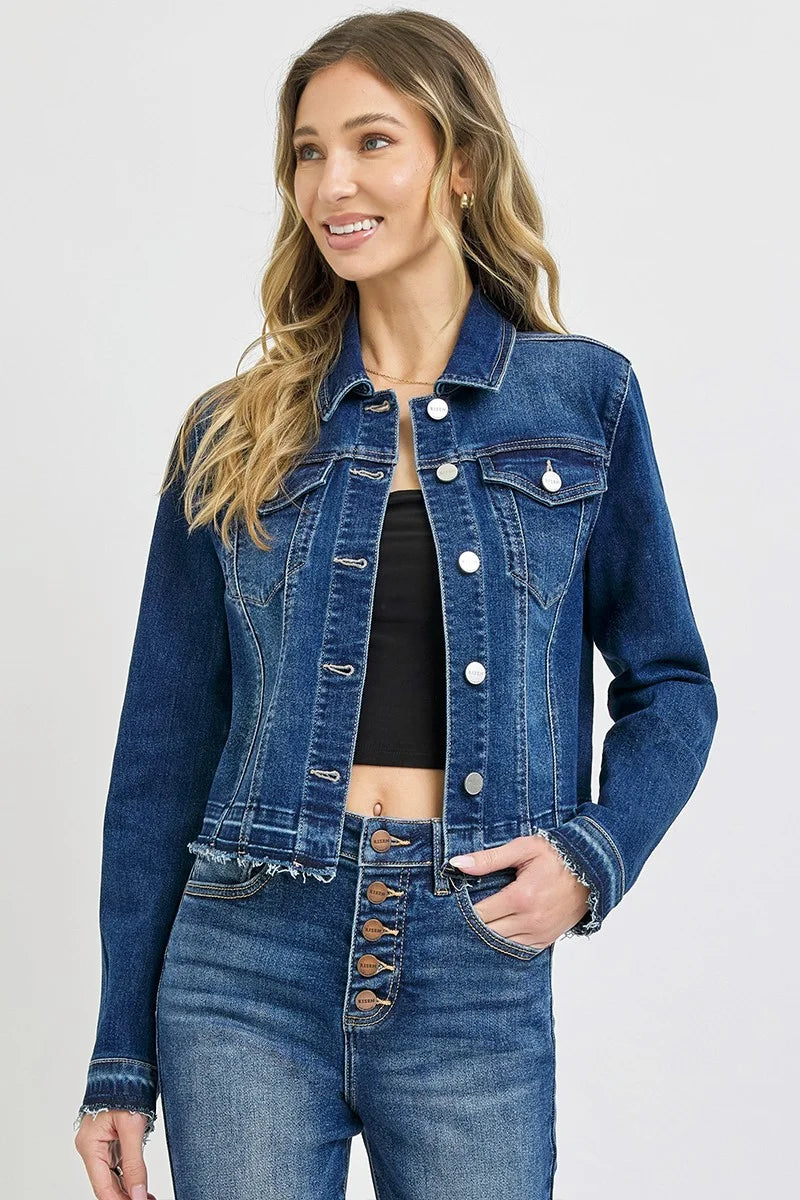 fitted cropped blue denim jacket with raw hem and button-front closure.