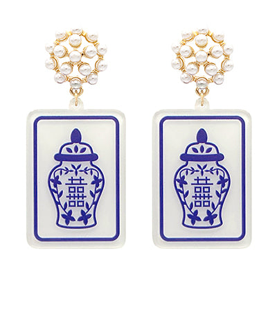 Ginger Jar Dangle Earrings with Pearl Accent