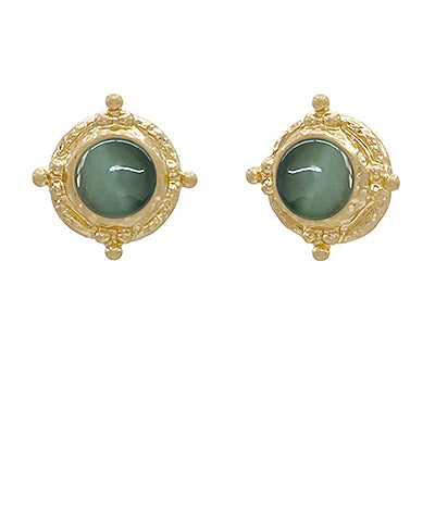 Gold stud earrings with polished dark green stones and textured beaded detailing, displayed on a white background.