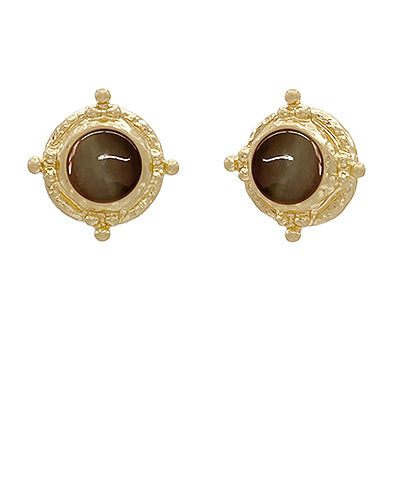 Gold stud earrings with polished dark brown stones and textured beaded detailing, displayed on a white background.