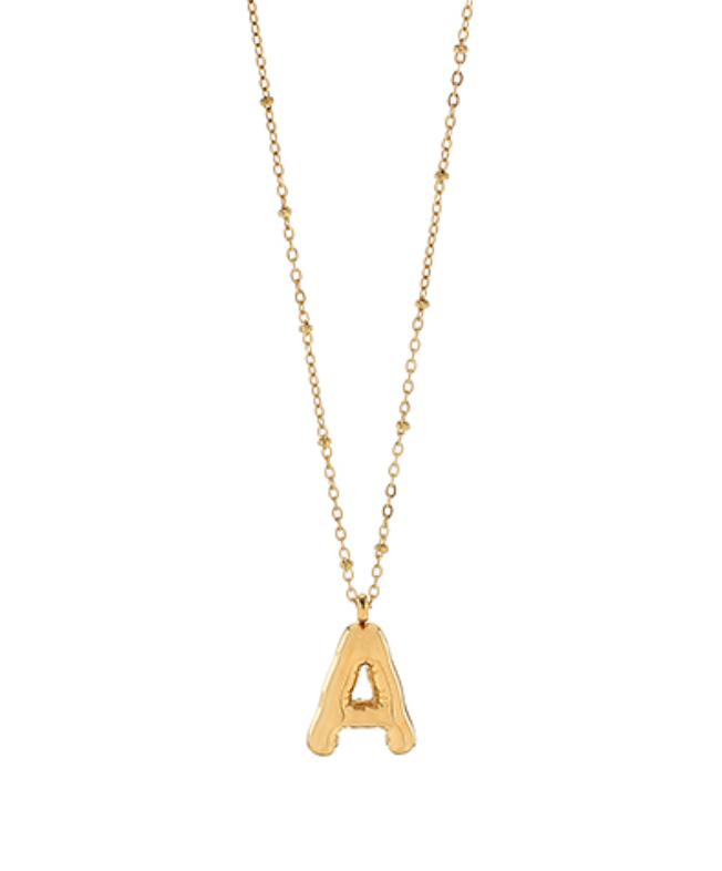 Effervescent Initial Pendant Necklace featuring a bubbly gold letter A on a beaded chain.