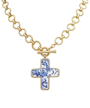 Elara – Chinoiserie Print Cross Pendant Necklace