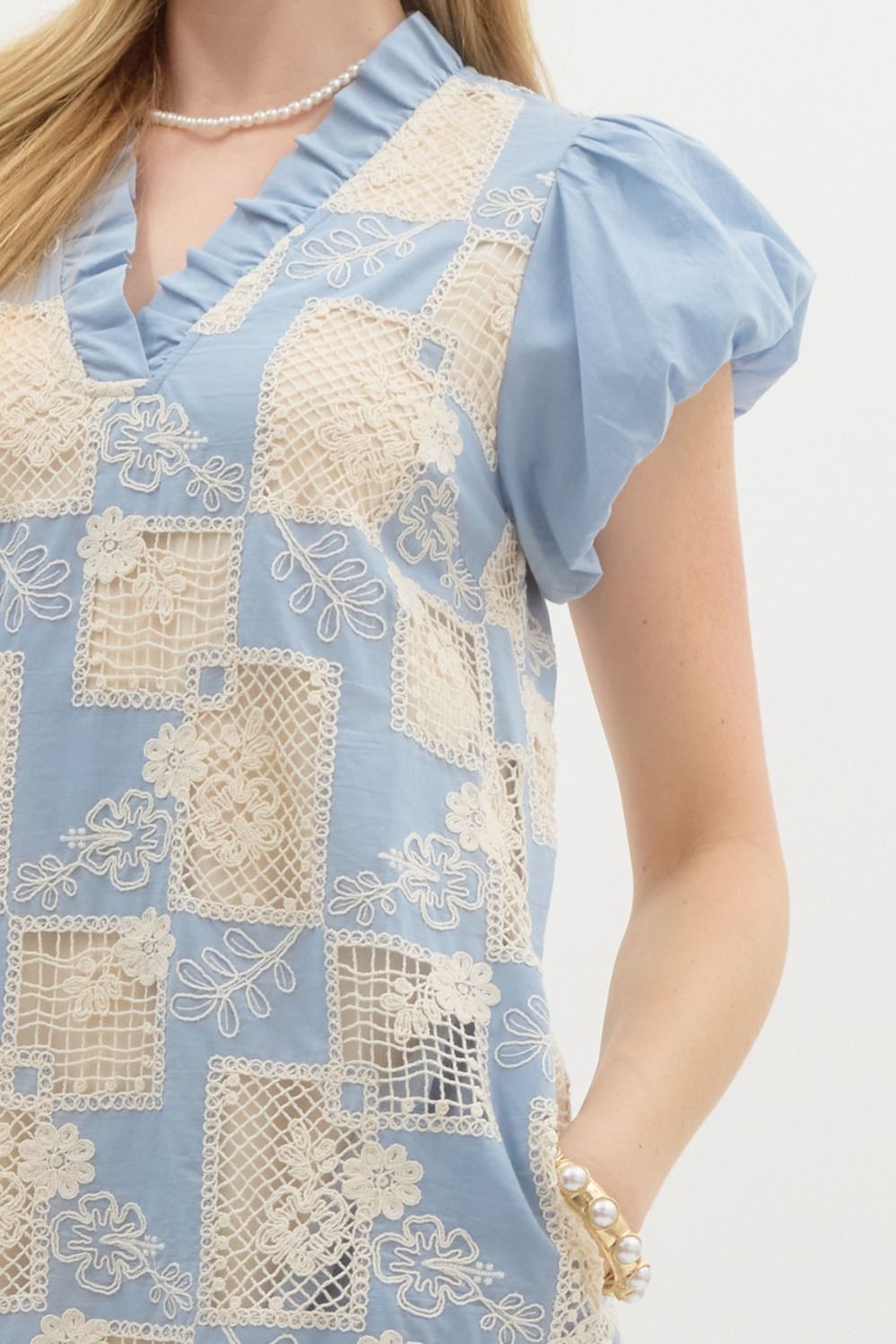 Embroidered crochet short puff bubble cap sleeve pullover mini dress. Ruffled v-neck. Pockets at side. Lined. Woven. Non-sheer. Lightweight.