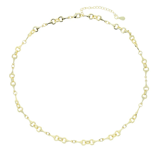 Gold snaffle bit link necklace featuring equestrian-style links and polished finish