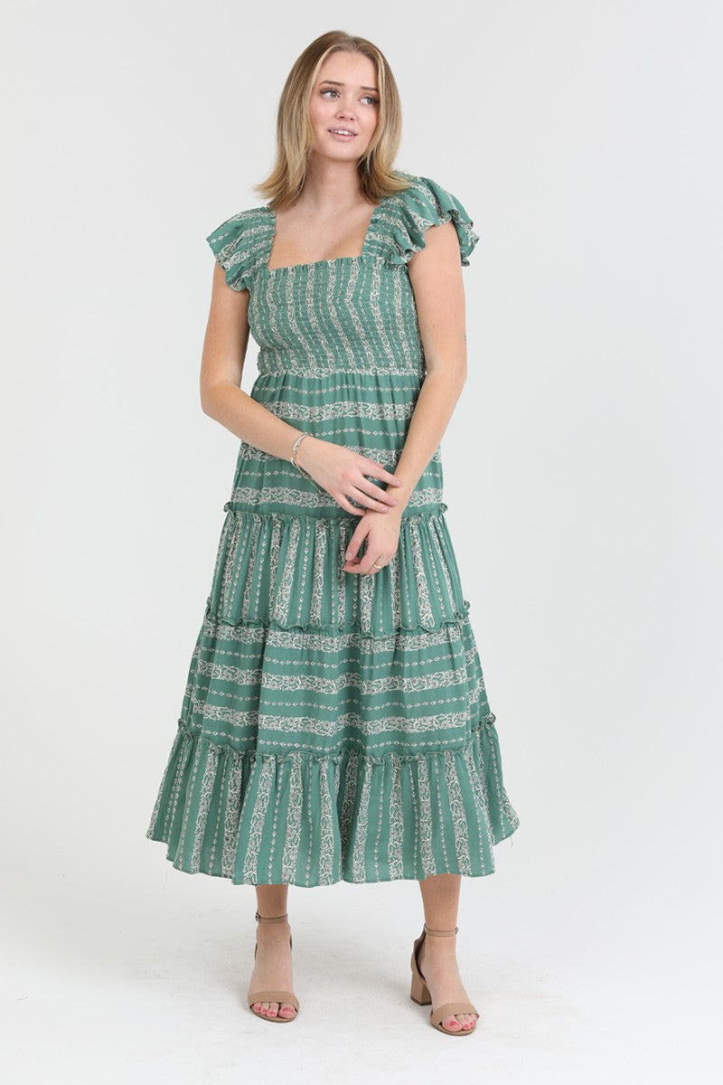 Everly Sage Tiered Midi Dress Pieces & Peaches Everly Sage Tiered Midi Dress Pieces & Peaches