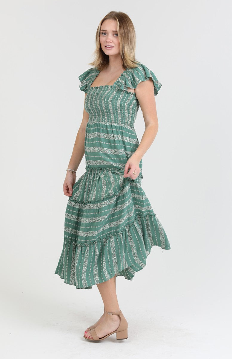 sage green tiered midi dress with flutter sleeves