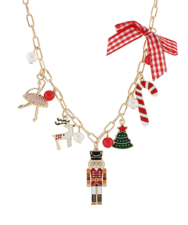 Colorful holiday charm necklace with Nutcracker, reindeer, ballerina, candy cane, Christmas tree, and festive ribbon details, perfect for Christmas celebrations and gifting.