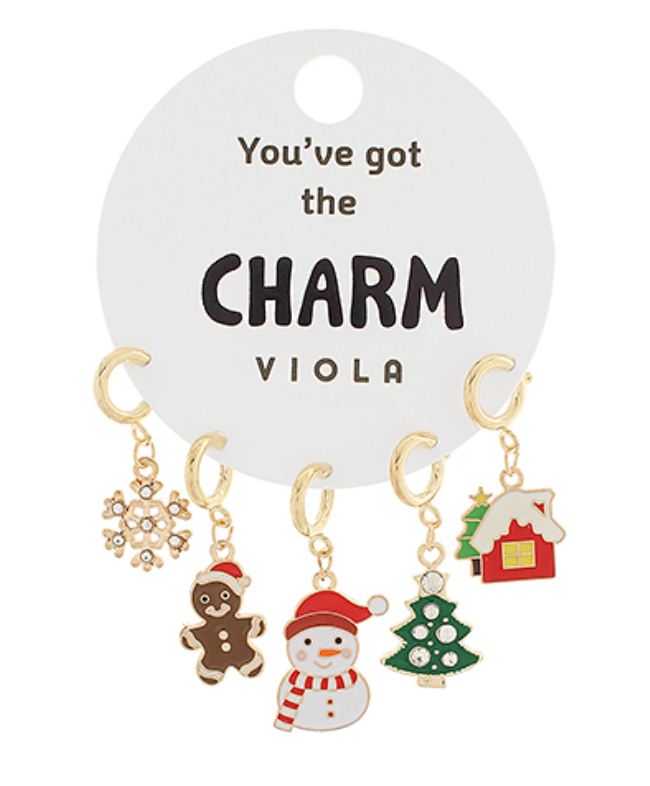 Five holiday-themed charms including a snowflake, gingerbread man, snowman, Christmas tree, and house, attached to gold-tone hoops, perfect for adding festive charm to any accessory.